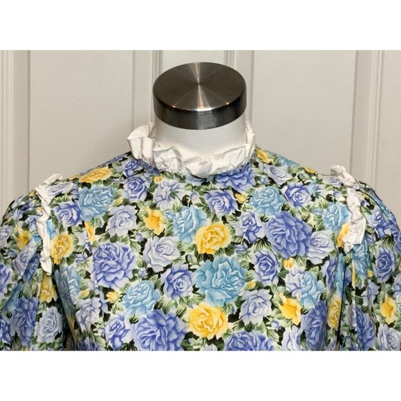 Batsheva Blue Floral Ruffle Puff Sleeve Cropped Top, Size 8 - Picture 2 of 8